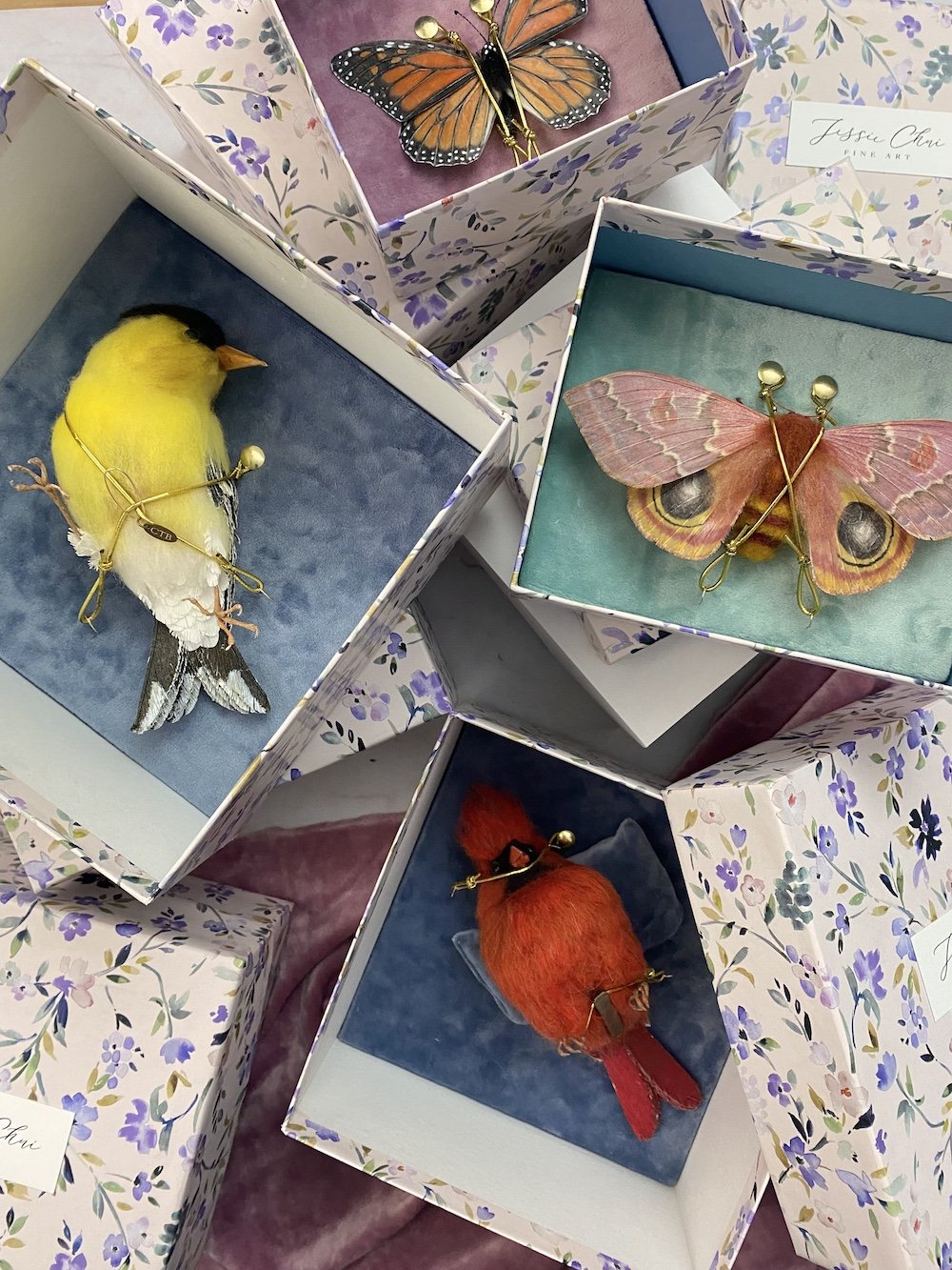 Custom storage boxes for my bird and moth sculptures