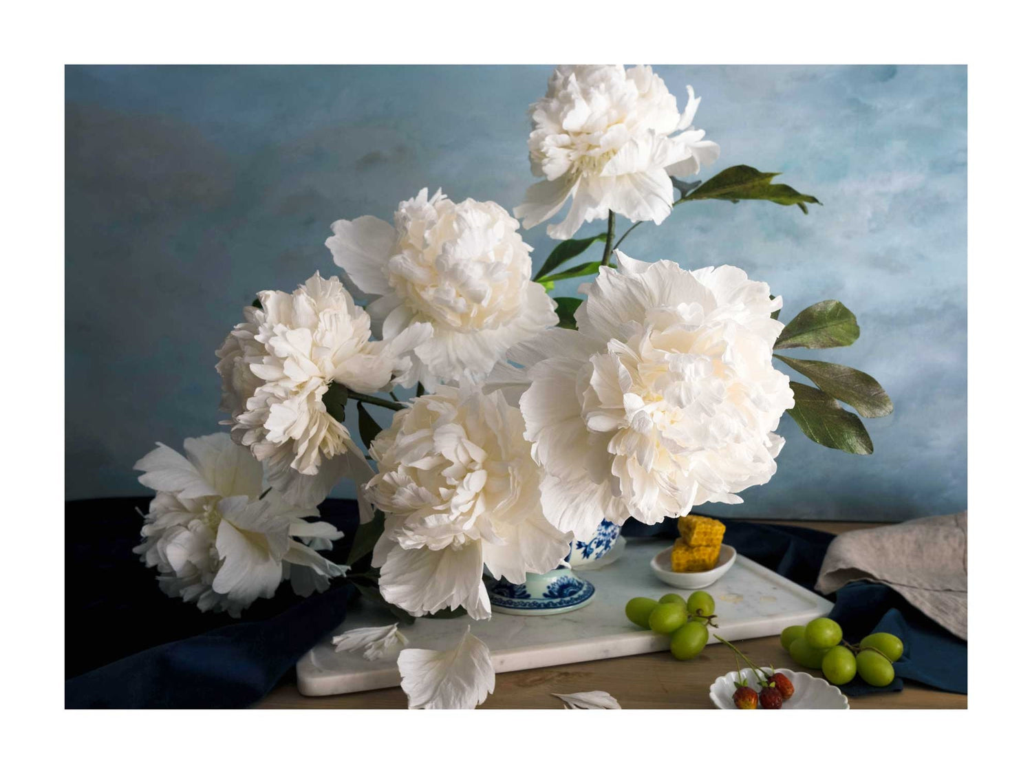 White Peonies with Strawberries and Honey on Marble No2